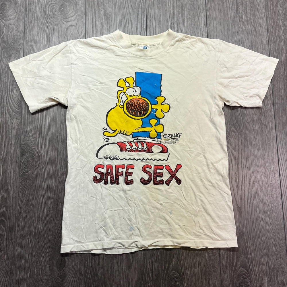 Vintage Safe Sex Grimmy 1990 T Shirt Medium M White Single Stitch Mother Goose